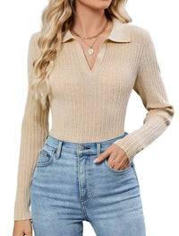 ZAFUL Womens Long Sleeve V Neck Sweaters Collared Ribbed Knit Tops Pullover Polo Sweater Shirts 2025 Fall Trendy Outfits - 7DAY'S