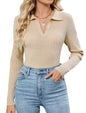 ZAFUL Womens Long Sleeve V Neck Sweaters Collared Ribbed Knit Tops Pullover Polo Sweater Shirts 2025 Fall Trendy Outfits - 7DAY'S