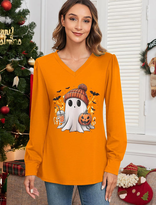 ZAFUL Women's Long Sleeve V - Neck Tunic Tops Halloween Cute Graphic Loose Casual Basic Blouse - 7DAY'S
