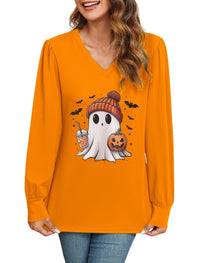 ZAFUL Women's Long Sleeve V - Neck Tunic Tops Halloween Cute Graphic Loose Casual Basic Blouse - 7DAY'S