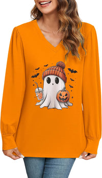 ZAFUL Women's Long Sleeve V - Neck Tunic Tops Halloween Cute Graphic Loose Casual Basic Blouse - 7DAY'S