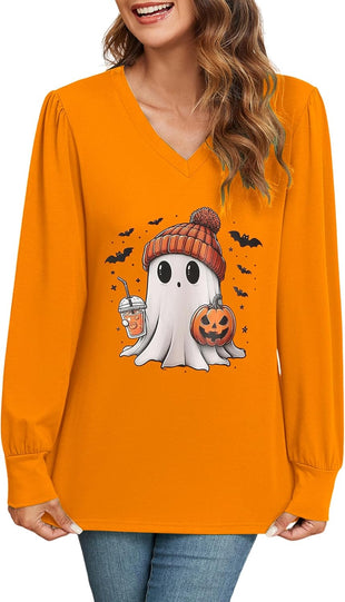 ZAFUL Women's Long Sleeve V-Neck Tunic Tops Halloween Cute Graphic Loose Casual Basic Blouse