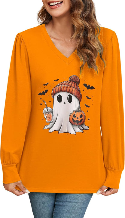 ZAFUL Women's Long Sleeve V - Neck Tunic Tops Halloween Cute Graphic Loose Casual Basic Blouse - 7DAY'S