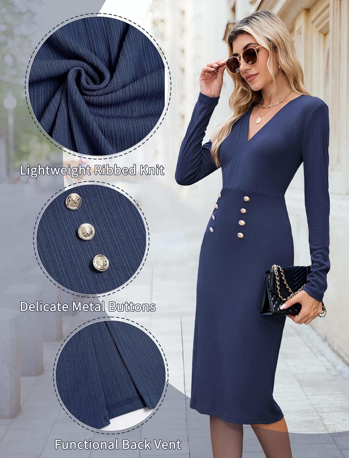 ZAFUL Women's Long Sleeve Wear to Work Midi Dress Lightweight V Neck Business Office Sheath Bodycon Pencil Office Dress Fall - 7DAY'S