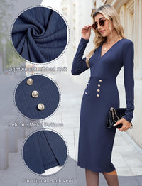ZAFUL Women's Long Sleeve Wear to Work Midi Dress Lightweight V Neck Business Office Sheath Bodycon Pencil Office Dress Fall - 7DAY'S