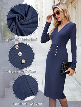 ZAFUL Women's Long Sleeve Wear to Work Midi Dress Lightweight V Neck Business Office Sheath Bodycon Pencil Office Dress Fall - 7DAY'S