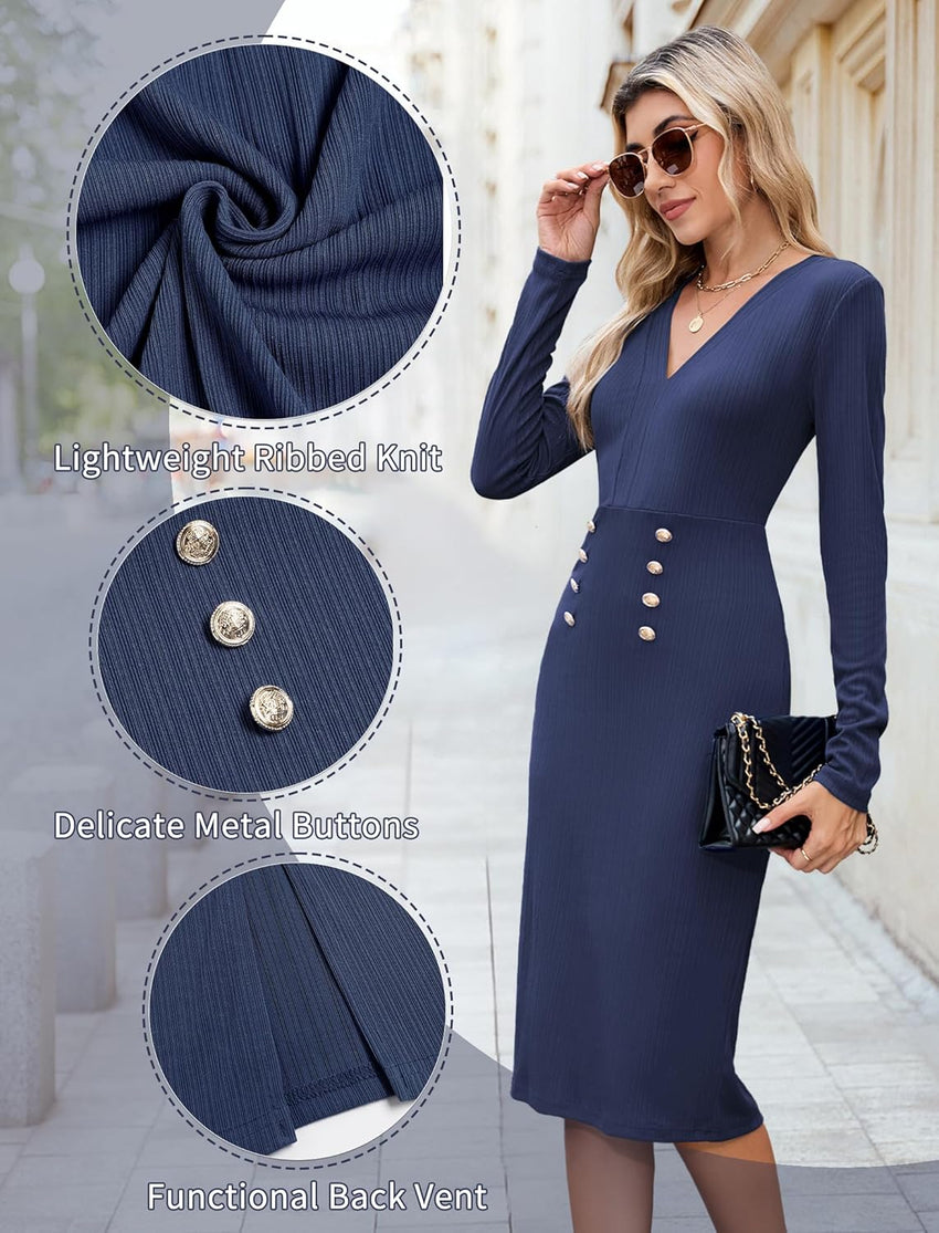 ZAFUL Women's Long Sleeve Wear to Work Midi Dress Lightweight V Neck Business Office Sheath Bodycon Pencil Office Dress Fall - 7DAY'S