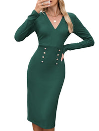 ZAFUL Women's Long Sleeve Wear to Work Midi Dress Lightweight V Neck Business Office Sheath Bodycon Pencil Office Dress Fall - 7DAY'S