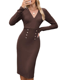 ZAFUL Women's Long Sleeve Wear to Work Midi Dress Lightweight V Neck Business Office Sheath Bodycon Pencil Office Dress Fall - 7DAY'S