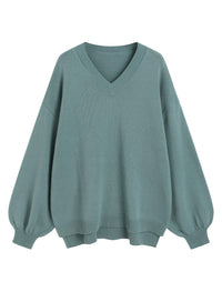 ZAFUL Women's Oversized Sweater 2025 Fall Casual Trendy V Neck Knit Side Slit Long Sleeve Pullover Top - 7DAY'S