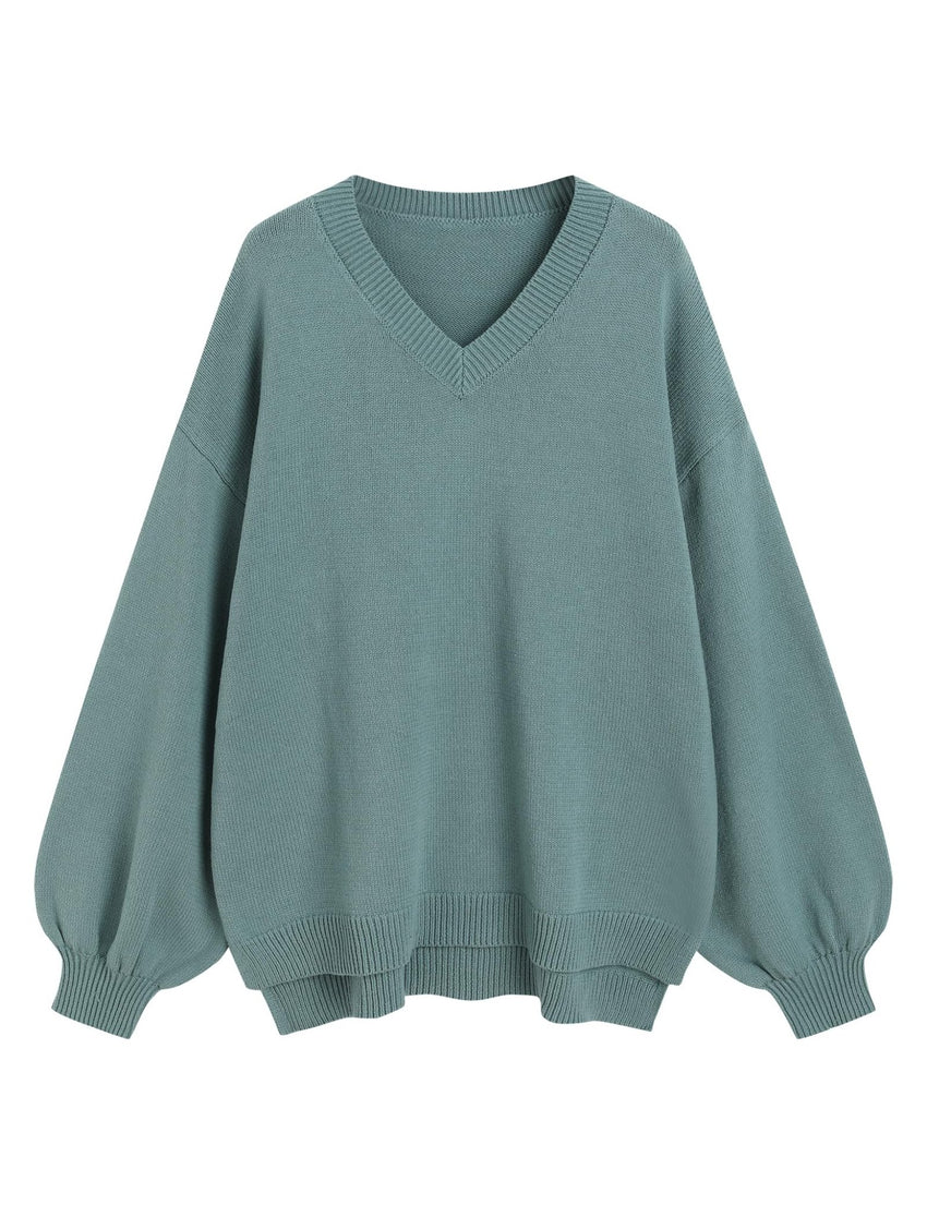 ZAFUL Women's Oversized Sweater 2025 Fall Casual Trendy V Neck Knit Side Slit Long Sleeve Pullover Top - 7DAY'S