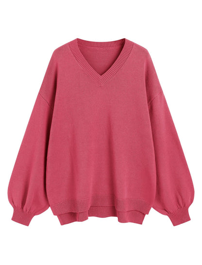 ZAFUL Women's Oversized Sweater 2025 Fall Casual Trendy V Neck Knit Side Slit Long Sleeve Pullover Top - 7DAY'S