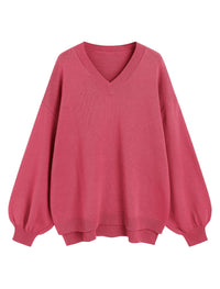 ZAFUL Women's Oversized Sweater 2025 Fall Casual Trendy V Neck Knit Side Slit Long Sleeve Pullover Top - 7DAY'S