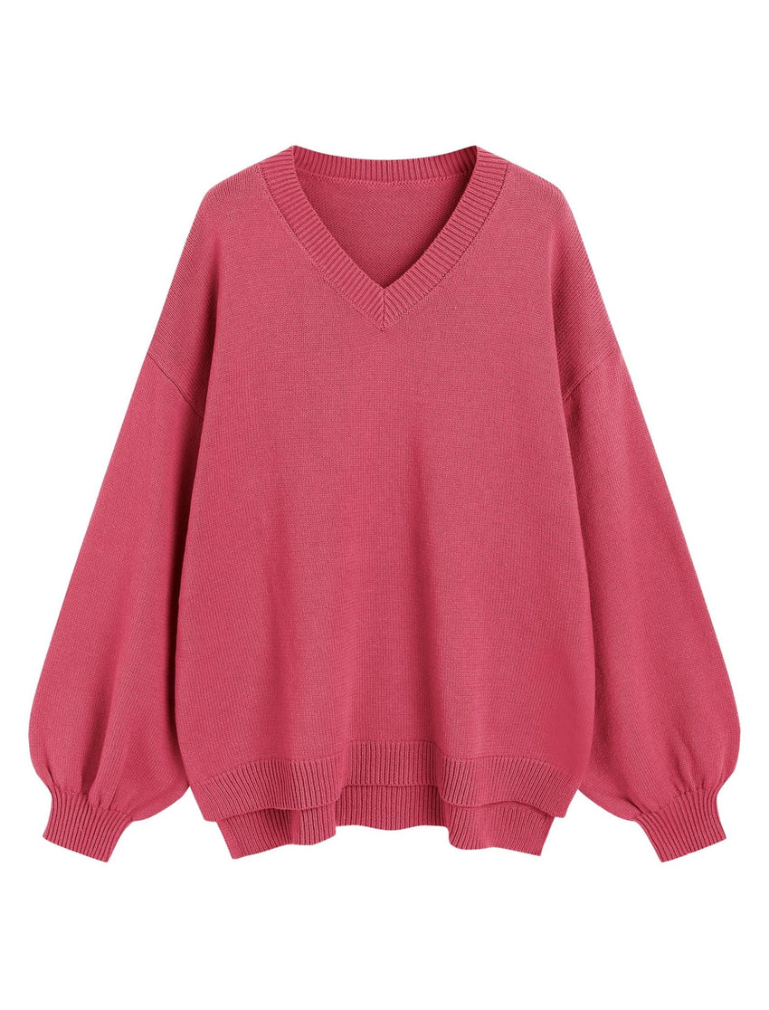 ZAFUL Women's Oversized Sweater 2025 Fall Casual Trendy V Neck Knit Side Slit Long Sleeve Pullover Top - 7DAY'S