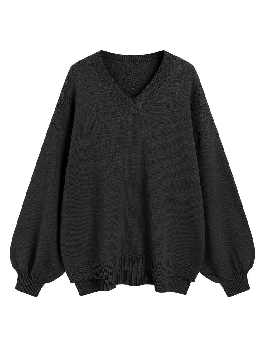 ZAFUL Women's Oversized Sweater 2025 Fall Casual Trendy V Neck Knit Side Slit Long Sleeve Pullover Top - 7DAY'S