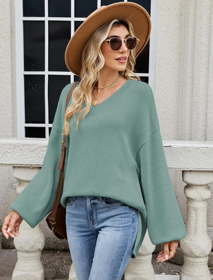 ZAFUL Women's Oversized Sweater 2025 Fall Casual Trendy V Neck Knit Side Slit Long Sleeve Pullover Top - 7DAY'S