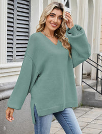 ZAFUL Women's Oversized Sweater 2025 Fall Casual Trendy V Neck Knit Side Slit Long Sleeve Pullover Top - 7DAY'S