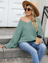 ZAFUL Women's Oversized Sweater 2025 Fall Casual Trendy V Neck Knit Side Slit Long Sleeve Pullover Top - 7DAY'S