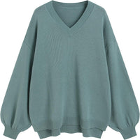 ZAFUL Women's Oversized Sweater 2025 Fall Casual Trendy V Neck Knit Side Slit Long Sleeve Pullover Top - 7DAY'S