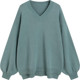 ZAFUL Women's Oversized Sweater 2025 Fall Casual Trendy V Neck Knit Side Slit Long Sleeve Pullover Top