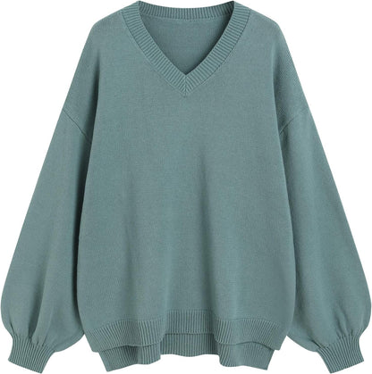 ZAFUL Women's Oversized Sweater 2025 Fall Casual Trendy V Neck Knit Side Slit Long Sleeve Pullover Top - 7DAY'S