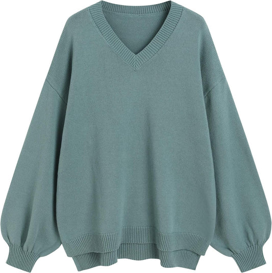 ZAFUL Women's Oversized Sweater 2025 Fall Casual Trendy V Neck Knit Side Slit Long Sleeve Pullover Top - 7DAY'S