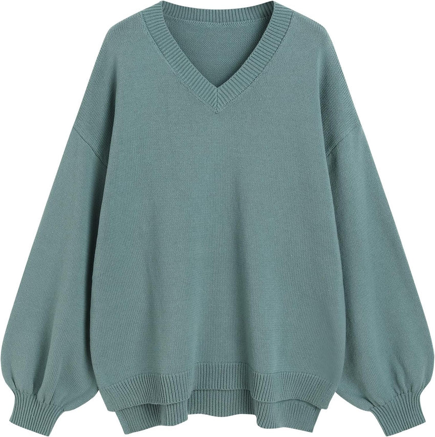 ZAFUL Women's Oversized Sweater 2025 Fall Casual Trendy V Neck Knit Side Slit Long Sleeve Pullover Top - 7DAY'S