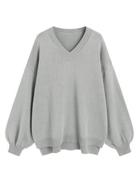 ZAFUL Women's Oversized Sweater 2025 Fall Casual Trendy V Neck Knit Side Slit Long Sleeve Pullover Top - 7DAY'S
