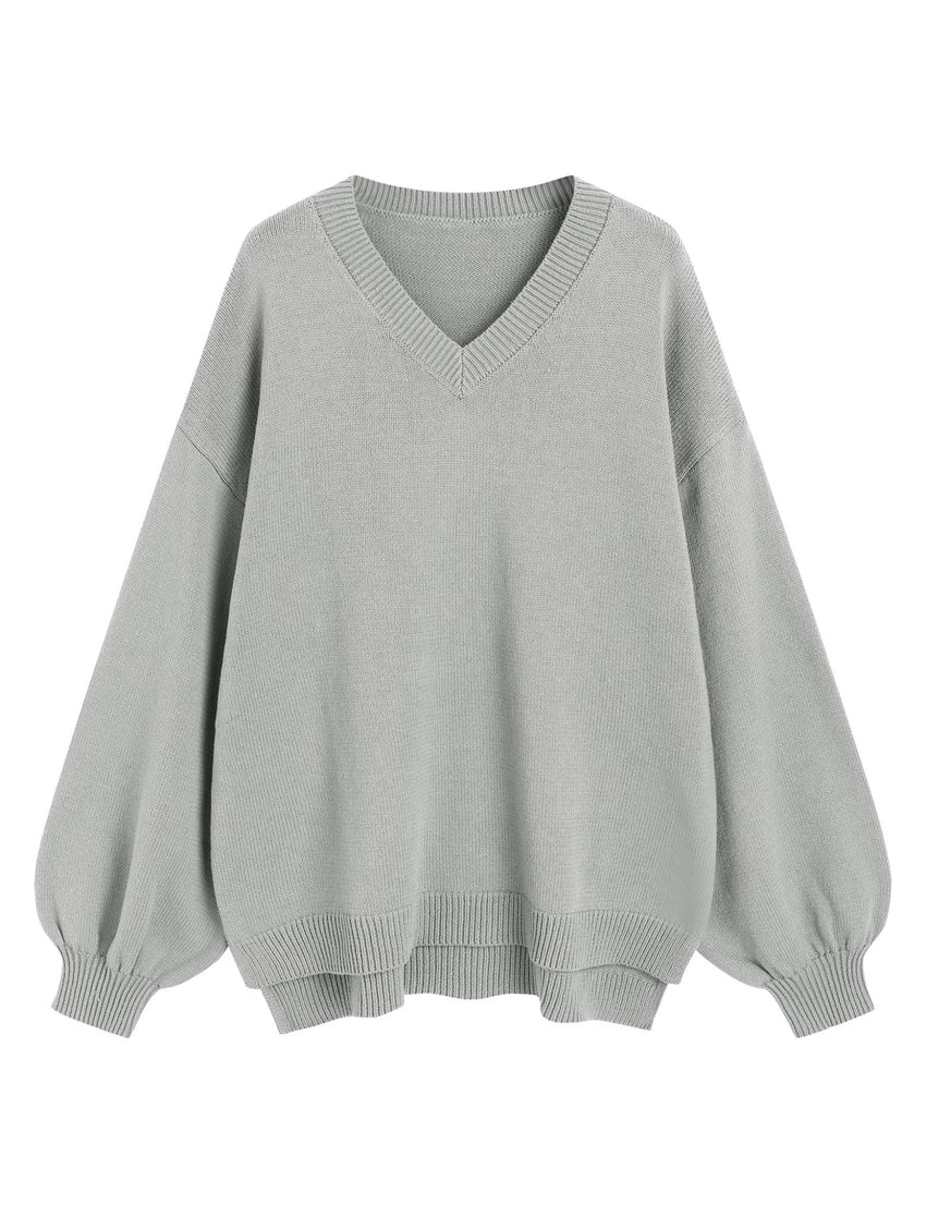 ZAFUL Women's Oversized Sweater 2025 Fall Casual Trendy V Neck Knit Side Slit Long Sleeve Pullover Top - 7DAY'S