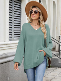 ZAFUL Women's Oversized Sweater 2025 Fall Casual Trendy V Neck Knit Side Slit Long Sleeve Pullover Top - 7DAY'S