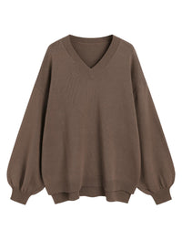 ZAFUL Women's Oversized Sweater 2025 Fall Casual Trendy V Neck Knit Side Slit Long Sleeve Pullover Top - 7DAY'S