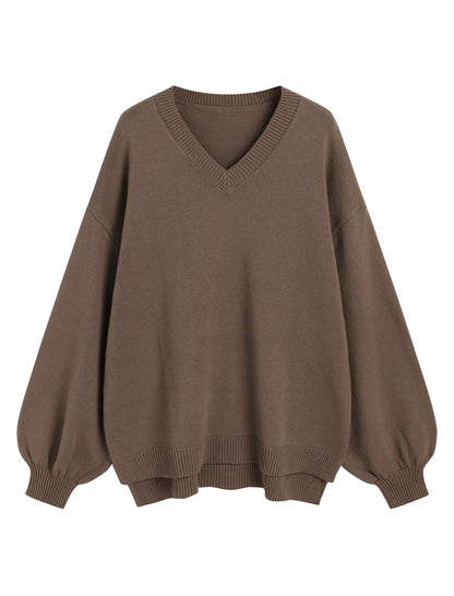 ZAFUL Women's Oversized Sweater 2025 Fall Casual Trendy V Neck Knit Side Slit Long Sleeve Pullover Top - 7DAY'S