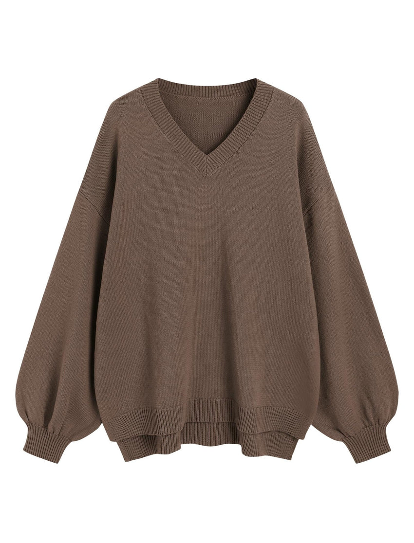 ZAFUL Women's Oversized Sweater 2025 Fall Casual Trendy V Neck Knit Side Slit Long Sleeve Pullover Top - 7DAY'S