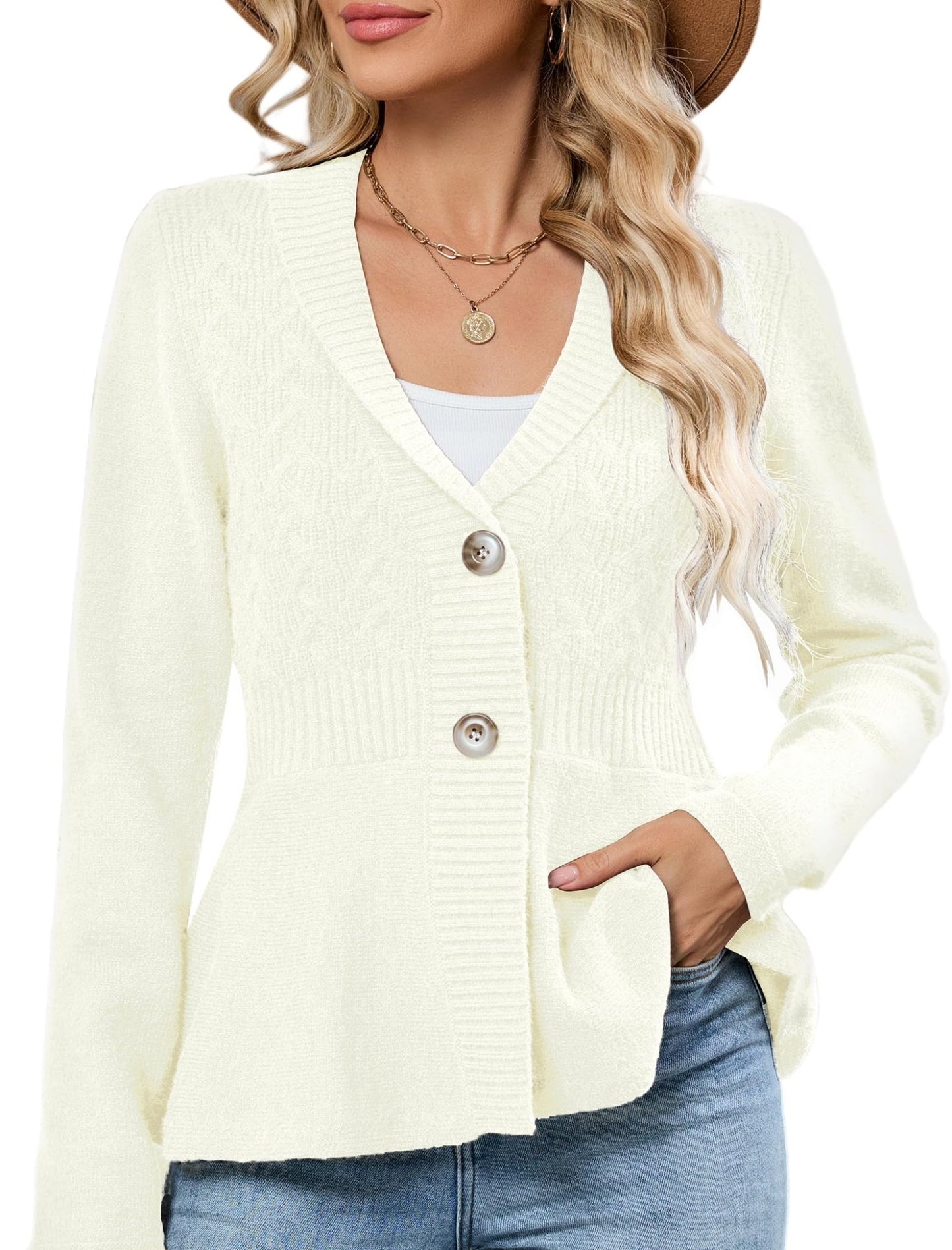 ZAFUL Womens Peplum Cardigan Knit Shawl Lapel Open Front Sweaters Button Down Jackets Blazer Crochet Vintage Tops for Work - 7DAY'S