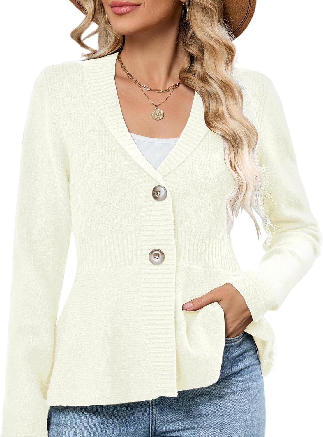 ZAFUL Womens Peplum Cardigan Knit Shawl Lapel Open Front Sweaters Button Down Jackets Blazer Crochet Vintage Tops for Work - 7DAY'S