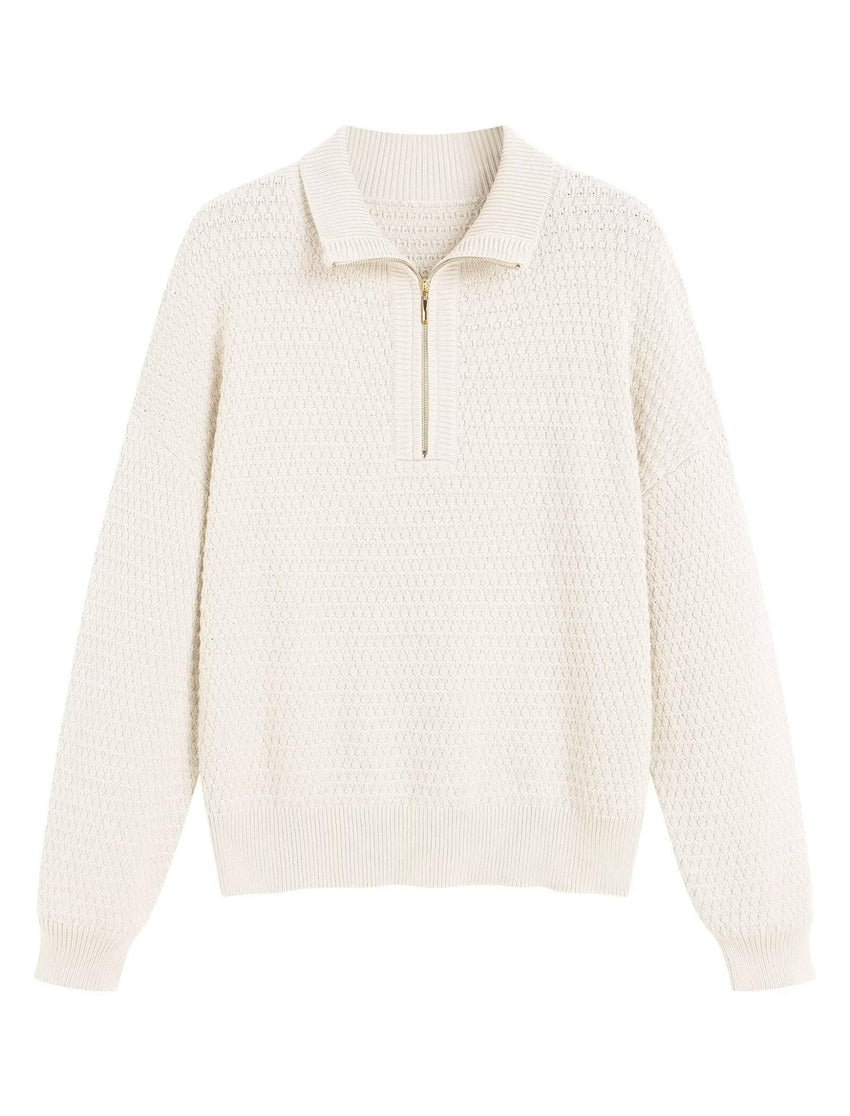 ZAFUL Womens Quarter Zip Pullover Sweater Casual Fall Oversized Sweaters Long Sleeve V Neck Texture Knit Jumper Tops Outfits - 7DAY'S