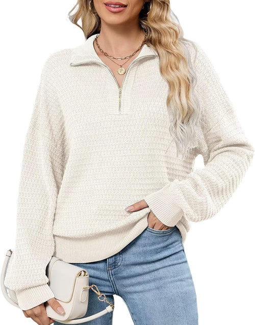 ZAFUL Womens Quarter Zip Pullover Sweater Casual Fall Oversized Sweaters Long Sleeve V Neck Texture Knit Jumper Tops Outfits - 7DAY'S