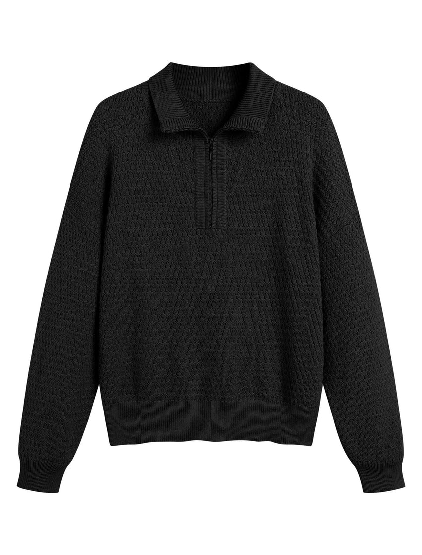 ZAFUL Womens Quarter Zip Pullover Sweater Casual Fall Oversized Sweaters Long Sleeve V Neck Texture Knit Jumper Tops Outfits - 7DAY'S