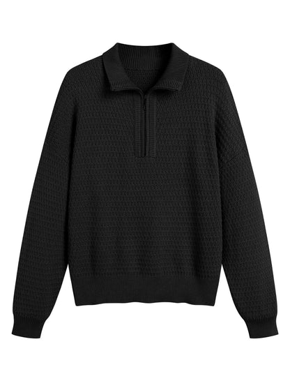 ZAFUL Womens Quarter Zip Pullover Sweater Casual Fall Oversized Sweaters Long Sleeve V Neck Texture Knit Jumper Tops Outfits - 7DAY'S
