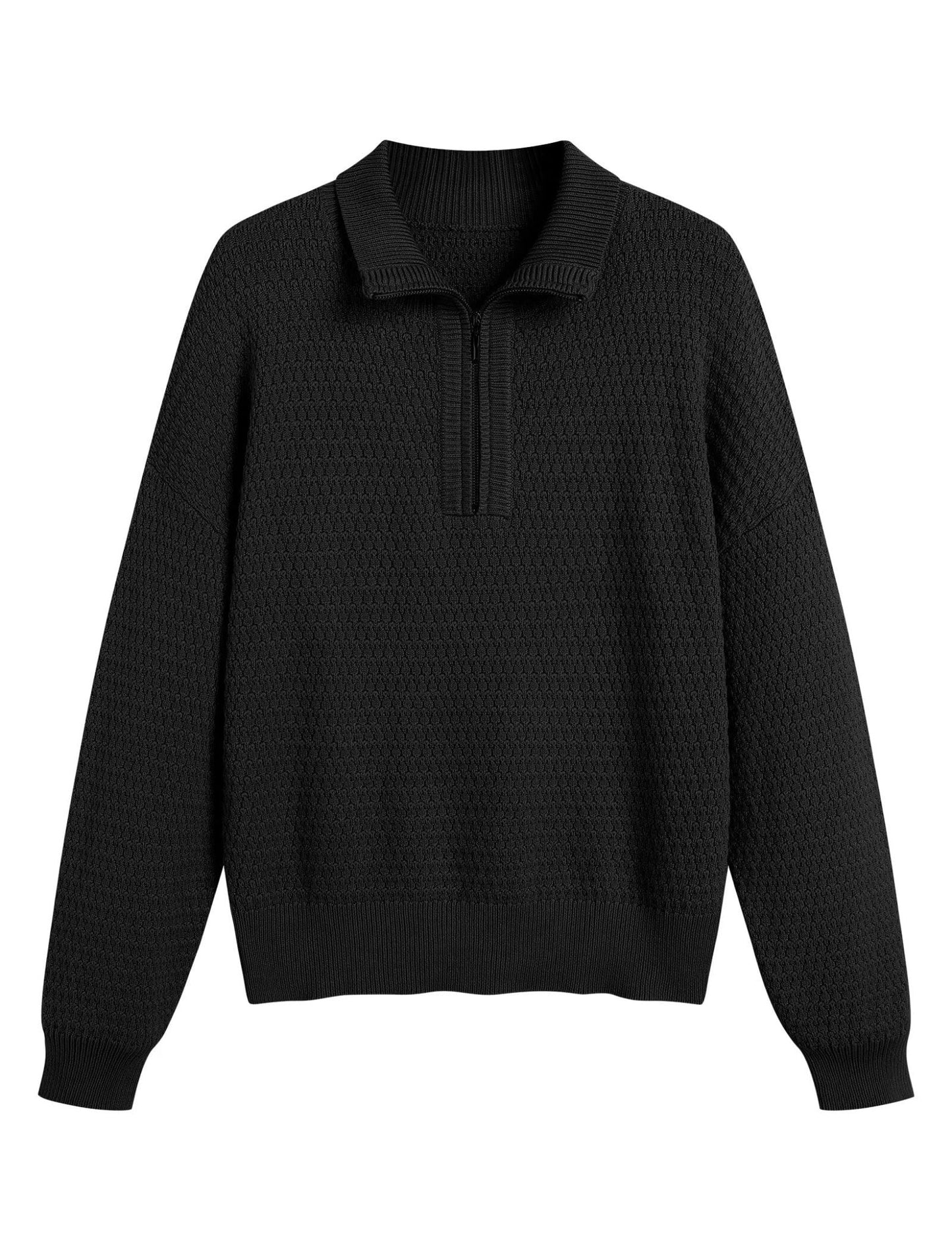 ZAFUL Womens Quarter Zip Pullover Sweater Casual Fall Oversized Sweaters Long Sleeve V Neck Texture Knit Jumper Tops Outfits - 7DAY'S