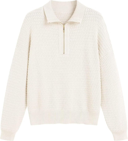 ZAFUL Womens Quarter Zip Pullover Sweater Casual Fall Oversized Sweaters Long Sleeve V Neck Texture Knit Jumper Tops Outfits - 7DAY'S