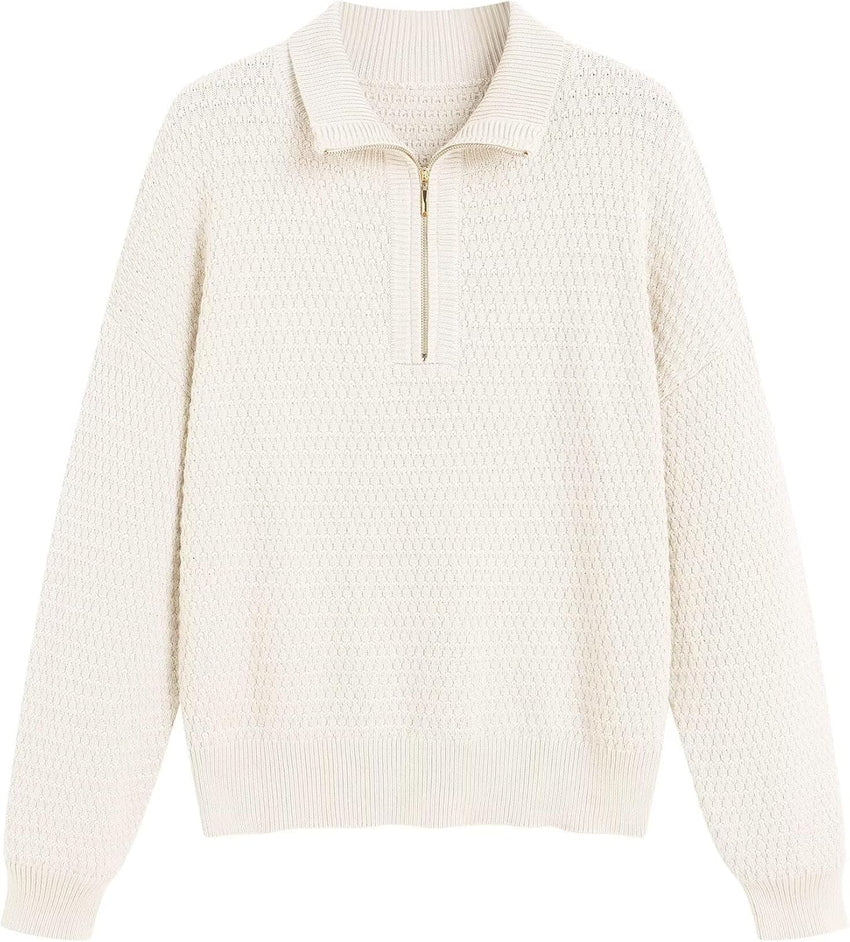 ZAFUL Womens Quarter Zip Pullover Sweater Casual Fall Oversized Sweaters Long Sleeve V Neck Texture Knit Jumper Tops Outfits - 7DAY'S