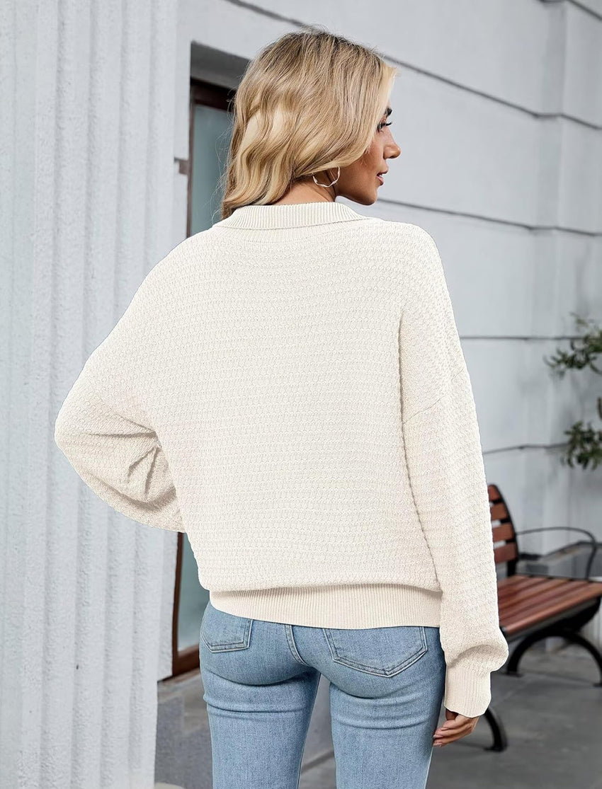 ZAFUL Womens Quarter Zip Pullover Sweater Casual Fall Oversized Sweaters Long Sleeve V Neck Texture Knit Jumper Tops Outfits - 7DAY'S