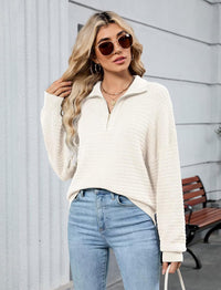 ZAFUL Womens Quarter Zip Pullover Sweater Casual Fall Oversized Sweaters Long Sleeve V Neck Texture Knit Jumper Tops Outfits - 7DAY'S