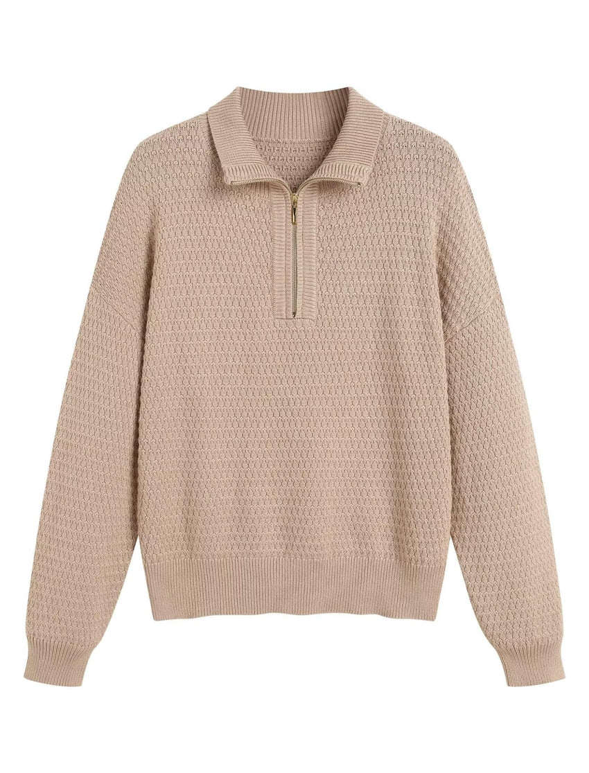 ZAFUL Womens Quarter Zip Pullover Sweater Casual Fall Oversized Sweaters Long Sleeve V Neck Texture Knit Jumper Tops Outfits - 7DAY'S