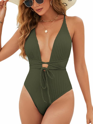 ZAFUL Women’s Ribbed One Piece Swimsuit Deep V Neck Bathing Suit Crisscross Back Self Tie Monokini - 7DAY'S