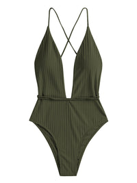 ZAFUL Women’s Ribbed One Piece Swimsuit Deep V Neck Bathing Suit Crisscross Back Self Tie Monokini - 7DAY'S