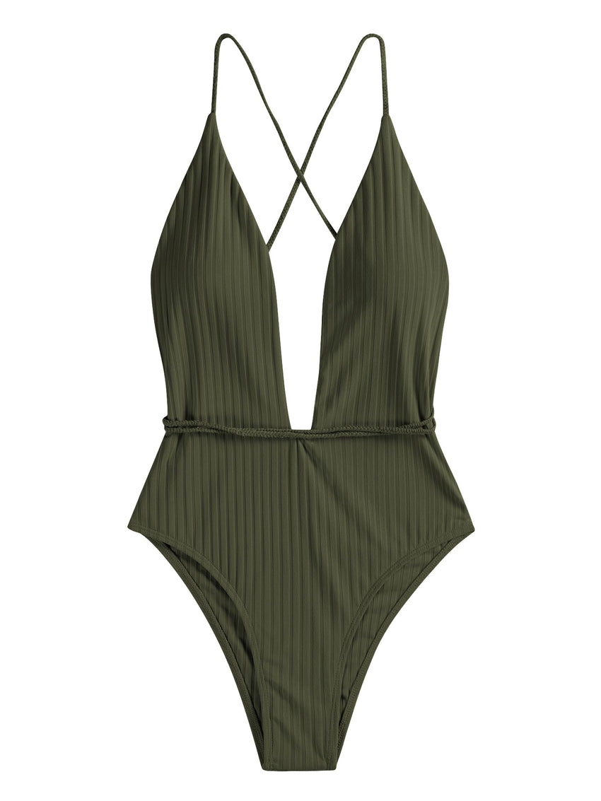ZAFUL Women’s Ribbed One Piece Swimsuit Deep V Neck Bathing Suit Crisscross Back Self Tie Monokini - 7DAY'S