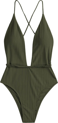 ZAFUL Women’s Ribbed One Piece Swimsuit Deep V Neck Bathing Suit Crisscross Back Self Tie Monokini - 7DAY'S