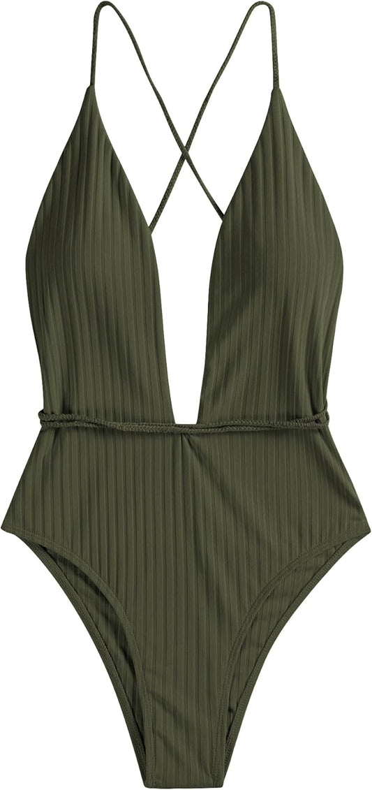 ZAFUL Women’s Ribbed One Piece Swimsuit Deep V Neck Bathing Suit Crisscross Back Self Tie Monokini - 7DAY'S